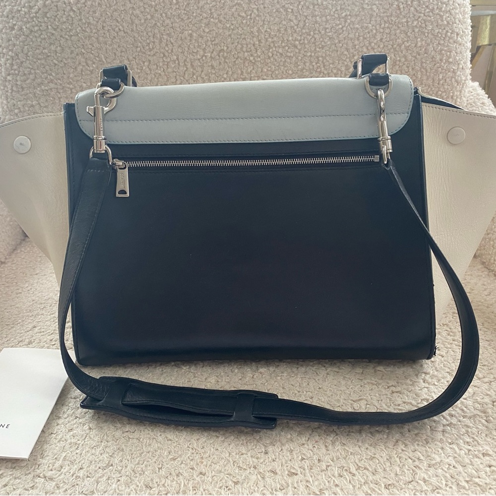 Authentic medium calfskin Celine Trapèze in black, white and pale blue